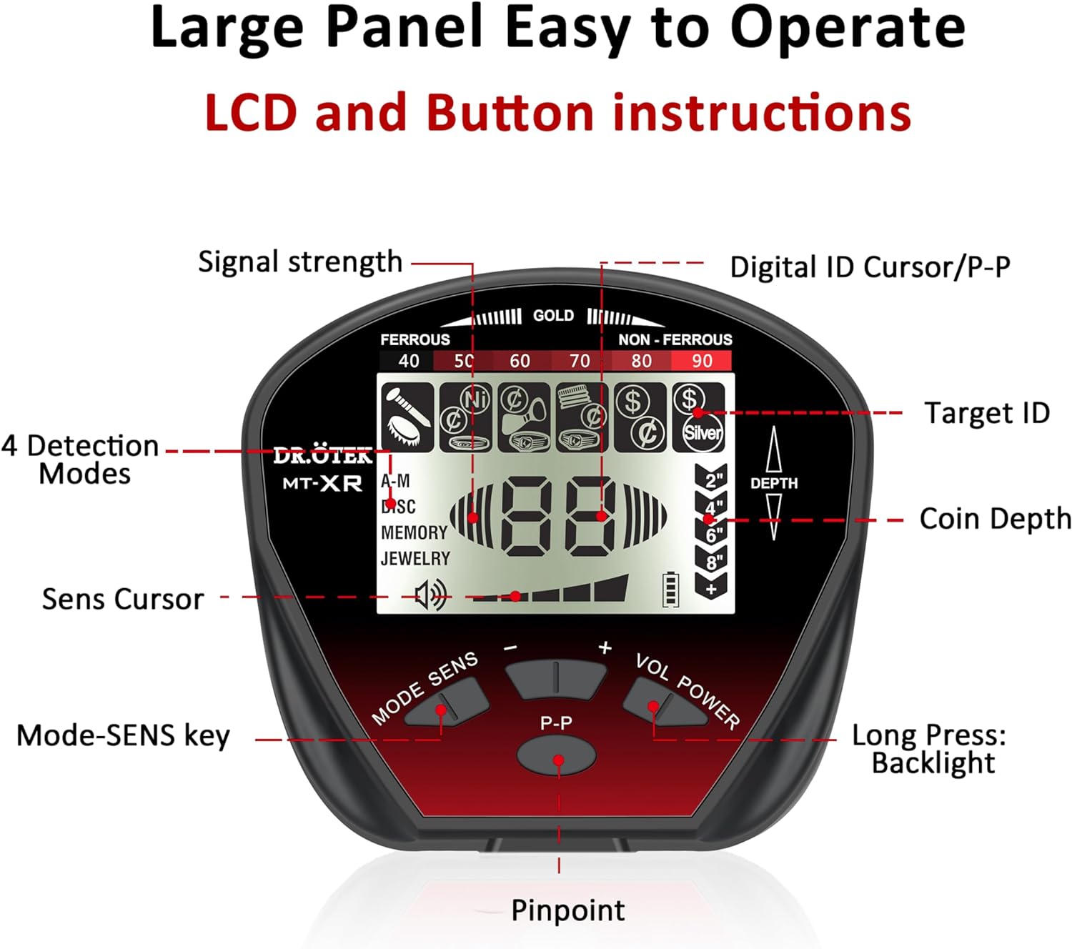 DR.ÖTEK Detector de metales ligero para adultos, multifunción con pinpointer, gran bobina impermeable para mayor profundidad con LCD retroiluminado