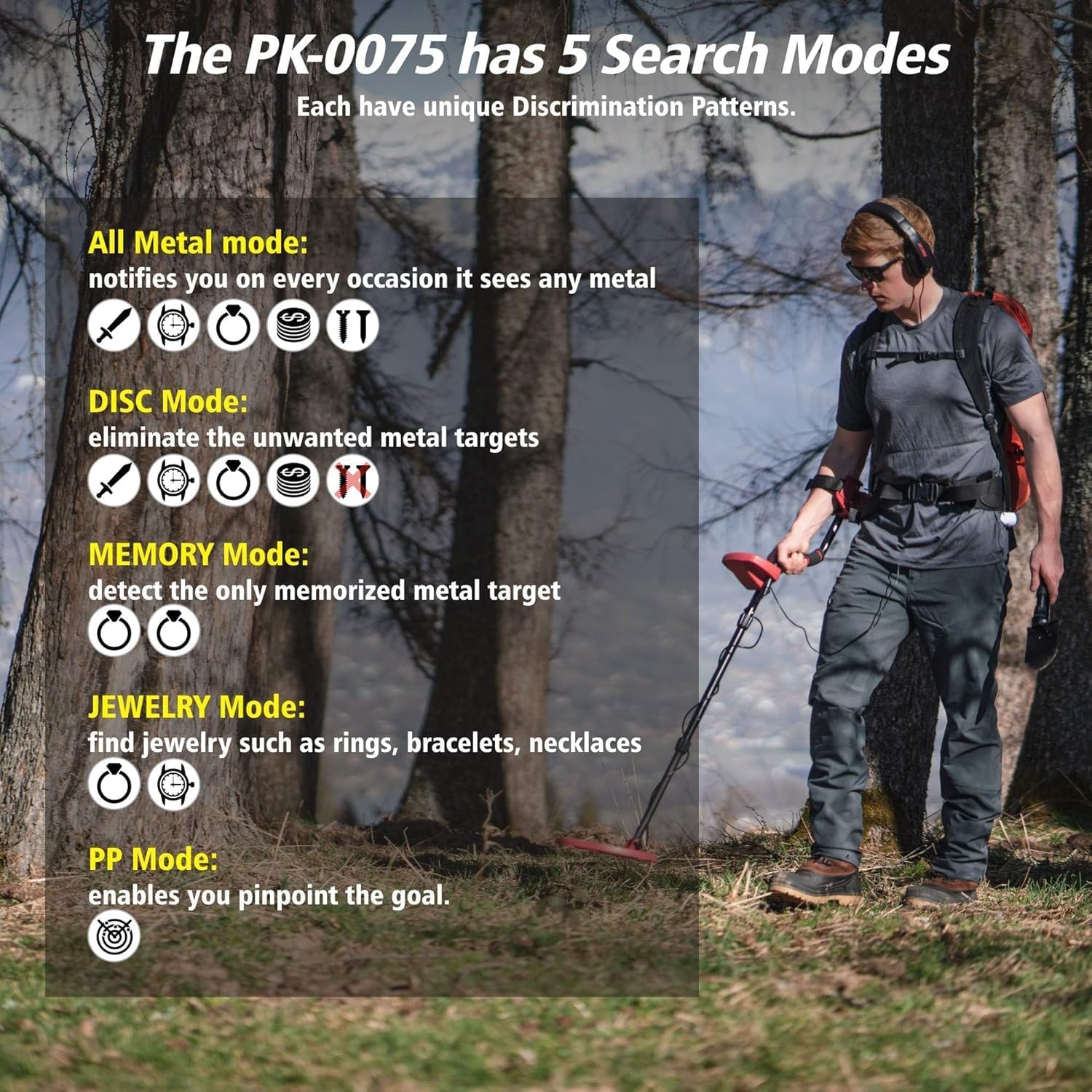 PANCKY PK0075 - Detectores de metales para adultos, impermeables, de alta precisión, con pantalla LCD, 5 modos, chip DSP avanzado bobina de 10 pulgadas, PK0075