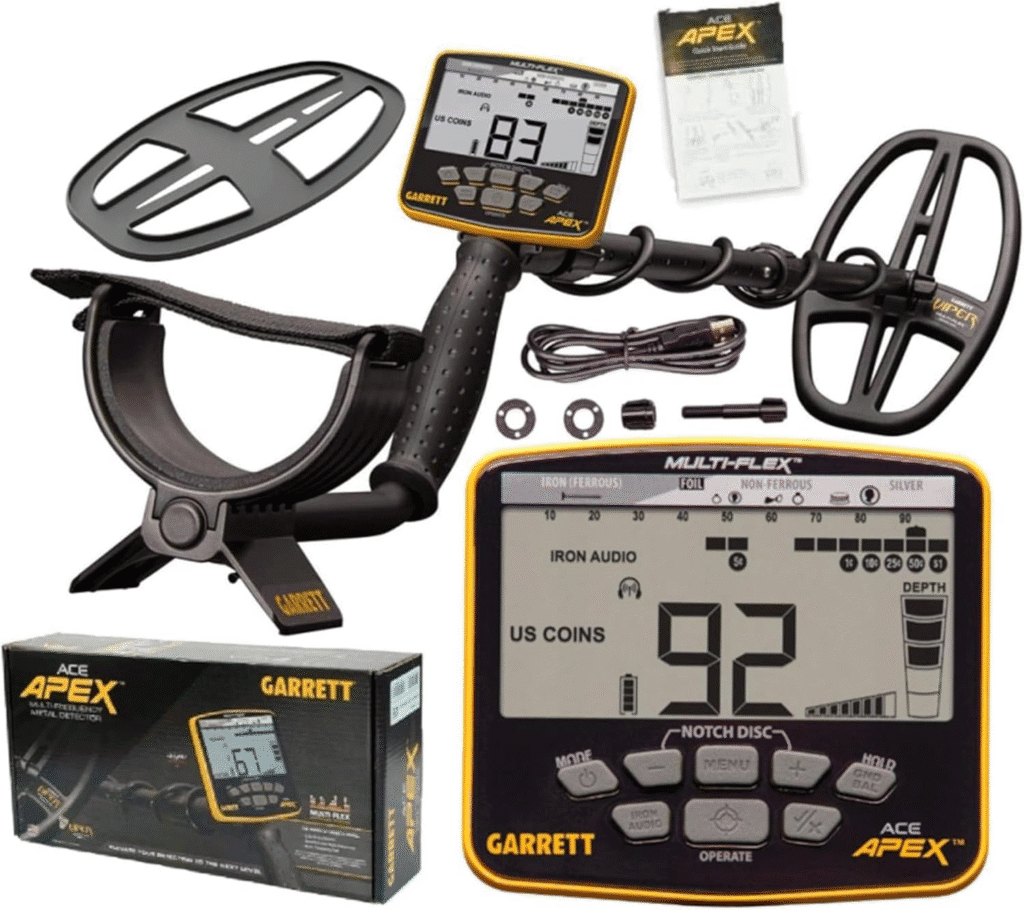 Garrett ACE Apex - Detector de metales con bobina de búsqueda de víbora multiflexible DD 6x11, 20 kHz