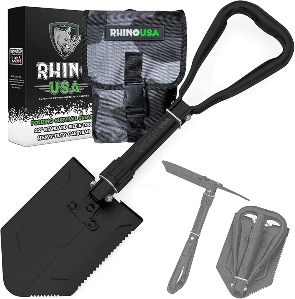 RHINO USA Pala de supervivencia plegable con púa: herramienta de agarre de acero al carbono resistente estilo militar para todoterreno, camping
