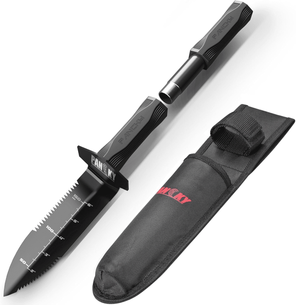 PANCKY Pala detector de metales con mango extendido y funda de transporte, herramienta de excavación de detección de metales de doble borde dentado