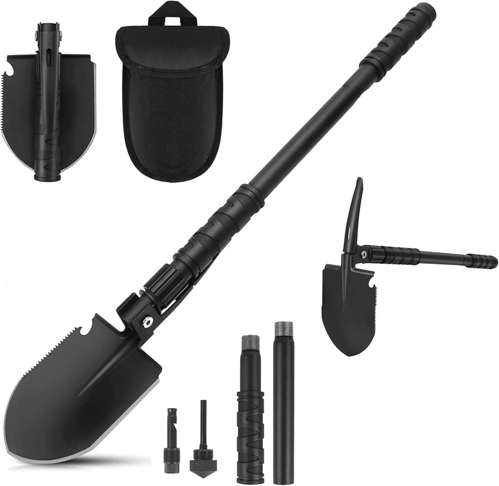 FLYEGO Pala de camping plegable 9 en 1, pala militar multifuncional, pala portátil de detección de metales, herramienta de entrenamiento de acero de alto