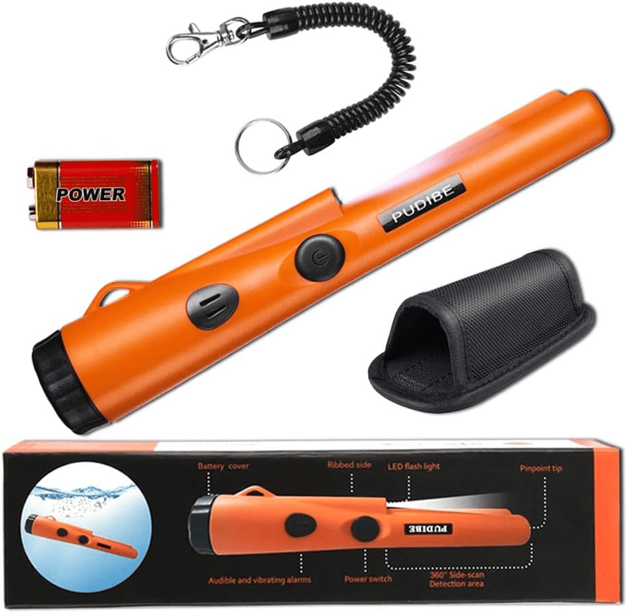 Pinpoint Detector de metales Pinpointer - Totalmente impermeable con color naranja, incluye una batería de 9 V, búsqueda de 360 tesoros de búsqueda con sonda de búsqueda con funda de cinturón para adultos y niños (tres modos)