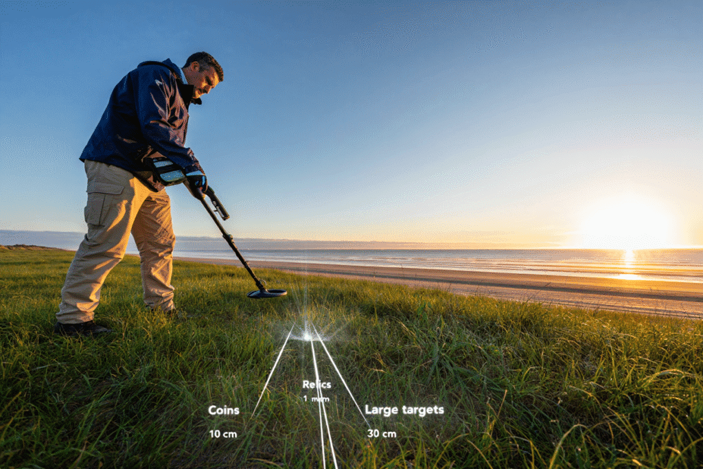 Golden-hour panoramic scene of an open meadow merging into a sandy beach, a seasoned detectorist in casual outdoor gear sweeping a modern multifrequency metal detector across the foreground; semi-transparent depth overlay lines descend into the soil showing 10 cm, 30 cm and 1 m marks with subtle glowing labels “Coins”, “Relics”, “Large targets”; distant sunrise casts warm rim-light on dew-tipped grass and gentle waves, cinematic 16:9 composition, shot on a full-frame DSLR with ultra-real detail and rich dynamic range.