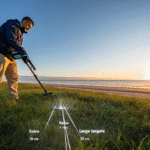 Golden-hour panoramic scene of an open meadow merging into a sandy beach, a seasoned detectorist in casual outdoor gear sweeping a modern multifrequency metal detector across the foreground; semi-transparent depth overlay lines descend into the soil showing 10 cm, 30 cm and 1 m marks with subtle glowing labels “Coins”, “Relics”, “Large targets”; distant sunrise casts warm rim-light on dew-tipped grass and gentle waves, cinematic 16:9 composition, shot on a full-frame DSLR with ultra-real detail and rich dynamic range.