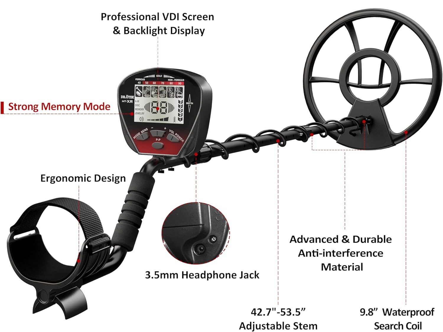 DR.ÖTEK Detector de metales ligero para adultos, multifunción con pinpointer, gran bobina impermeable para mayor profundidad con LCD retroiluminado