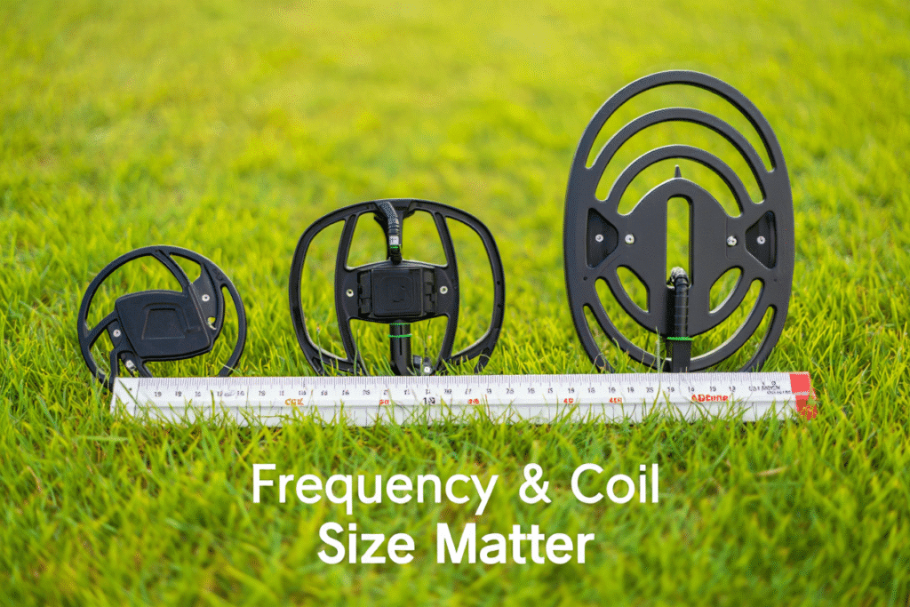 Close-up, high-detail shot of three metal-detector coils laid on fresh green grass beside a depth ruler: a small 9-inch high-frequency round coil, a 13-inch double-D coil, and a large 15-inch concentric coil; soft side lighting highlights textures, caption text “Frequency & Coil Size Matter,” shot on a full-frame camera, hyper-real clarity.