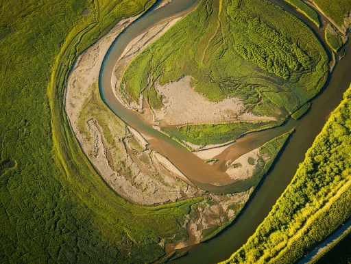 Vista aérea de un meandro fluvial con lecho expuesto y orillas verdes ideales para detectorismo
